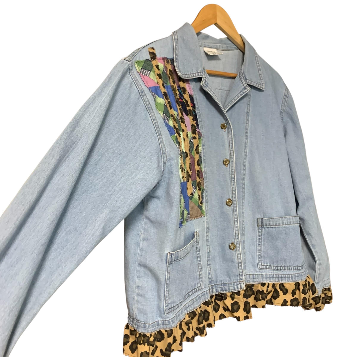 Upcycled Denim Jacket L Patchwork with Leopard Print Ruffle