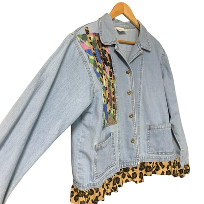 Upcycled Denim Jacket L Patchwork with Leopard Print Ruffle