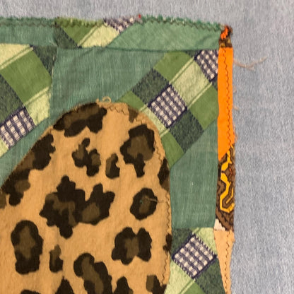 Upcycled Denim Jacket L Patchwork with Leopard Print Ruffle