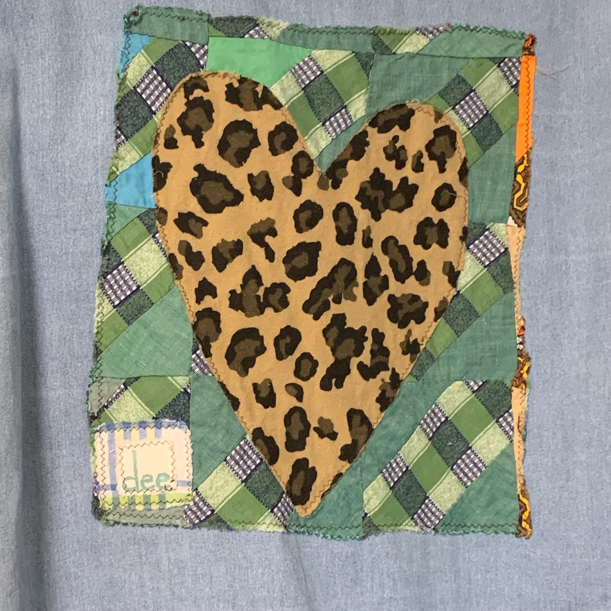Upcycled Denim Jacket L Patchwork with Leopard Print Ruffle