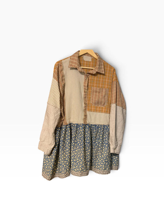 Upcycled Quilt Patchwork Tunic L XL with Linen Sleeves