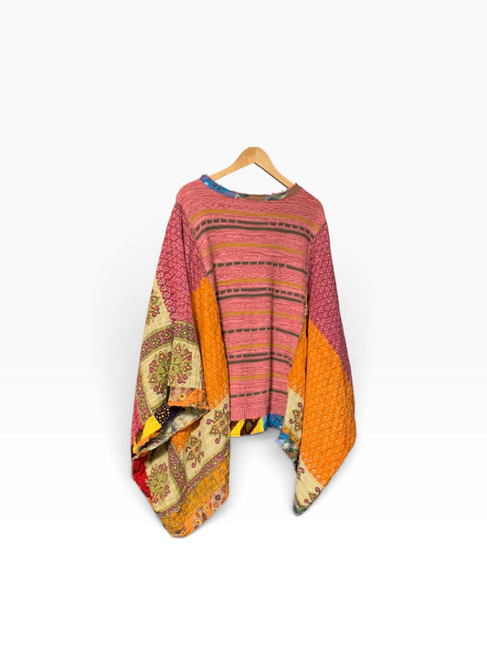 Upcycled Boho Poncho Full Sleeve Plus Size Gypsy Festival Handmade