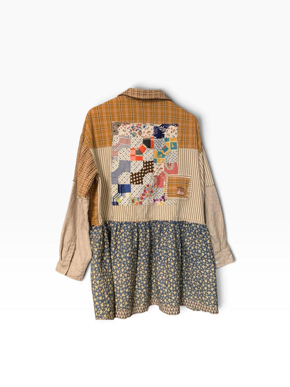 Upcycled Quilt Patchwork Tunic L XL with Linen Sleeves