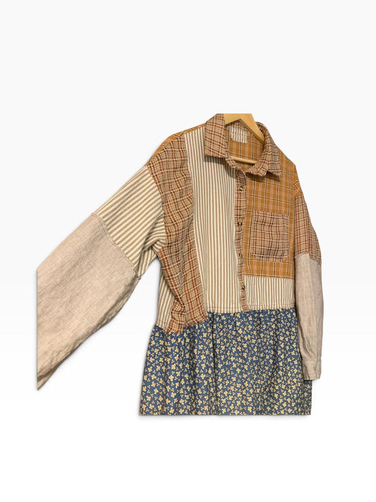 Upcycled Quilt Patchwork Tunic L XL with Linen Sleeves