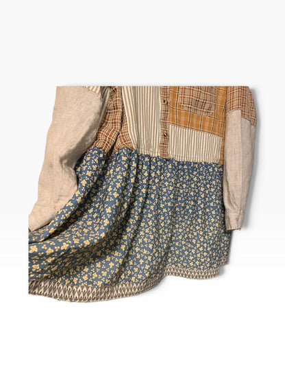 Upcycled Quilt Patchwork Tunic L XL with Linen Sleeves