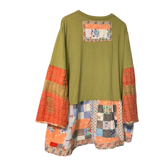 Upcycled Tunic Top 2X Art to Wear Patchwork Long Sleeve Boho Artsy