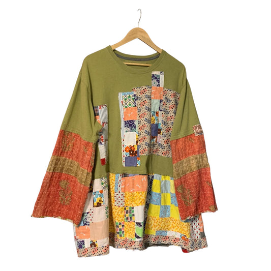 Upcycled Tunic Top 2X Art to Wear Patchwork Long Sleeve Boho Artsy