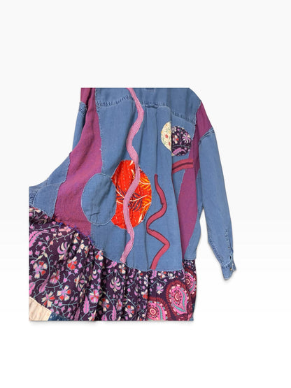 Upcycled Quilt Patchwork Tunic XL with Purple Side Inserts
