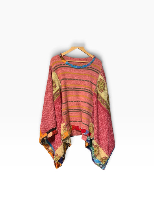Upcycled Boho Poncho Full Sleeve Plus Size Gypsy Festival Handmade
