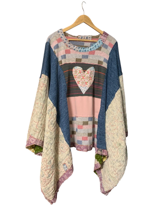 Upcycled Boho Poncho Pink Kantha Plus Size Gypsy Festival Handmade