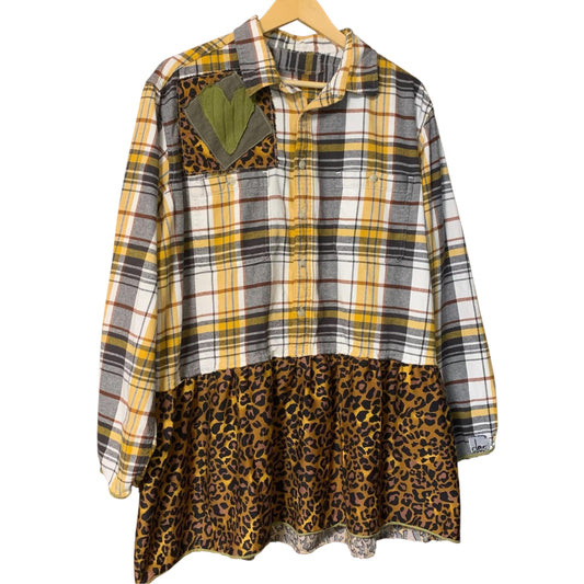 Upcycled Flannel Tunic XL Lagenlook Art to Wear Heart Patchwork