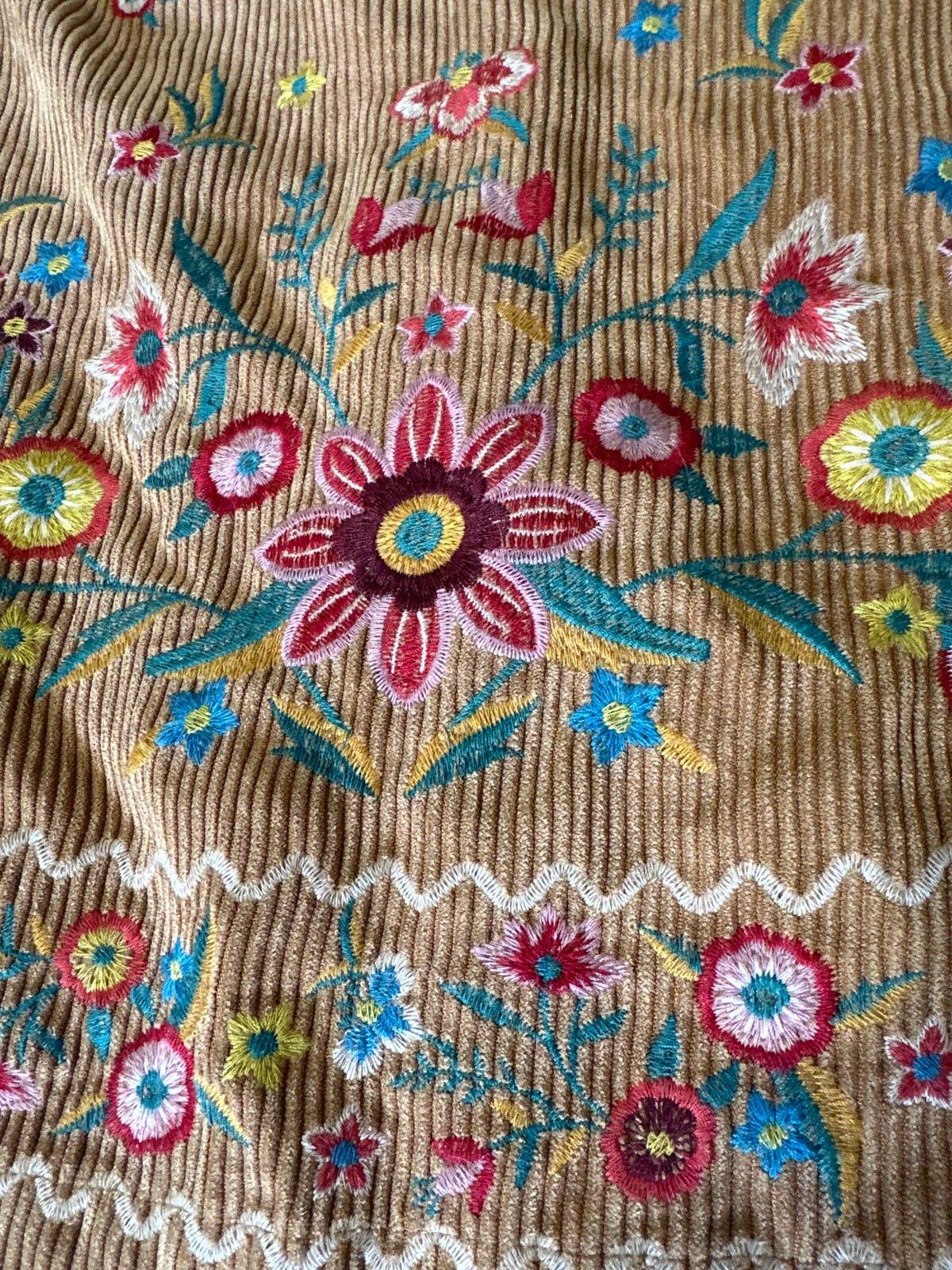Corduroy embroidered skirt w/ 8 inch fringe