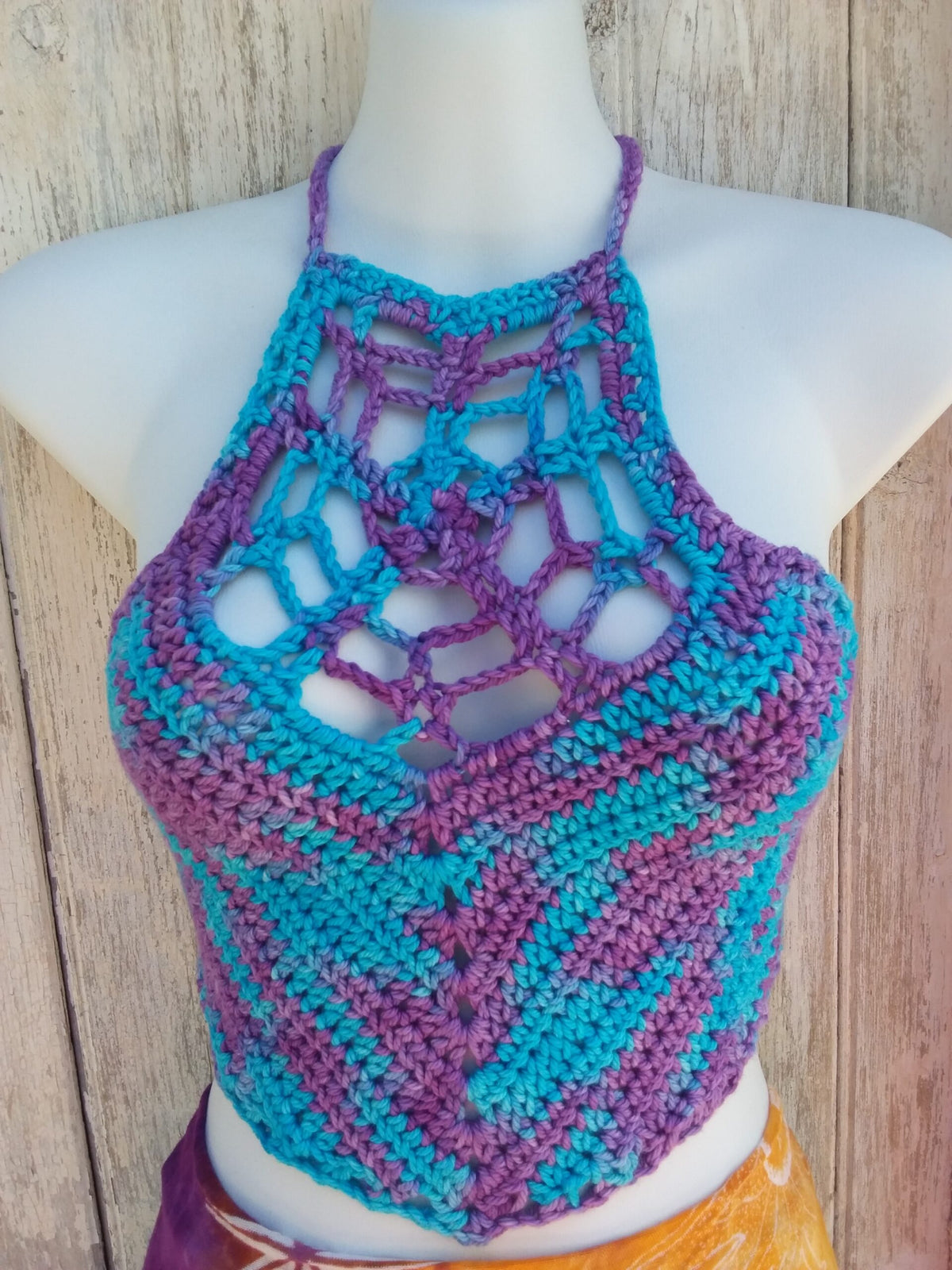 Crocheted Web crop top halter in hand dyed organic cotton yarn in shades of blue and purple
