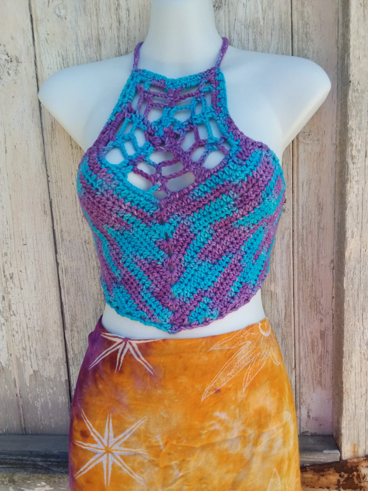 Crocheted Web crop top halter in hand dyed organic cotton yarn in shades of blue and purple