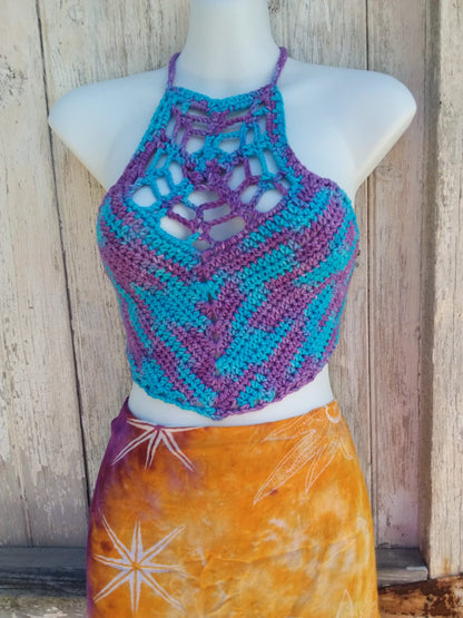 Crocheted Web crop top halter in hand dyed organic cotton yarn in shades of blue and purple