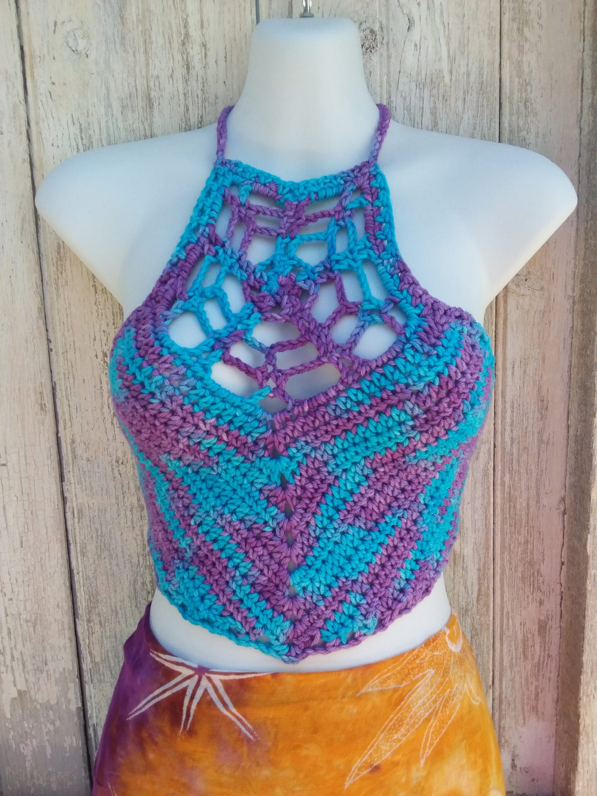 Crocheted Web crop top halter in hand dyed organic cotton yarn in shades of blue and purple