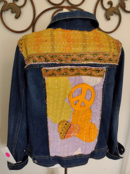 Upcycled Jean Jacket with kantha quilt applique, Peace and Love, Size XL