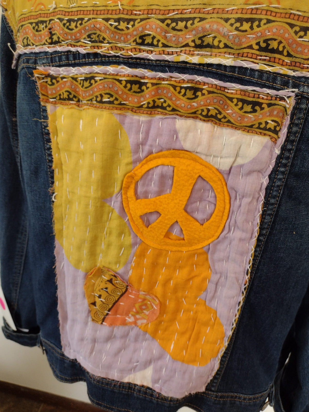 Upcycled Jean Jacket with kantha quilt applique, Peace and Love, Size XL