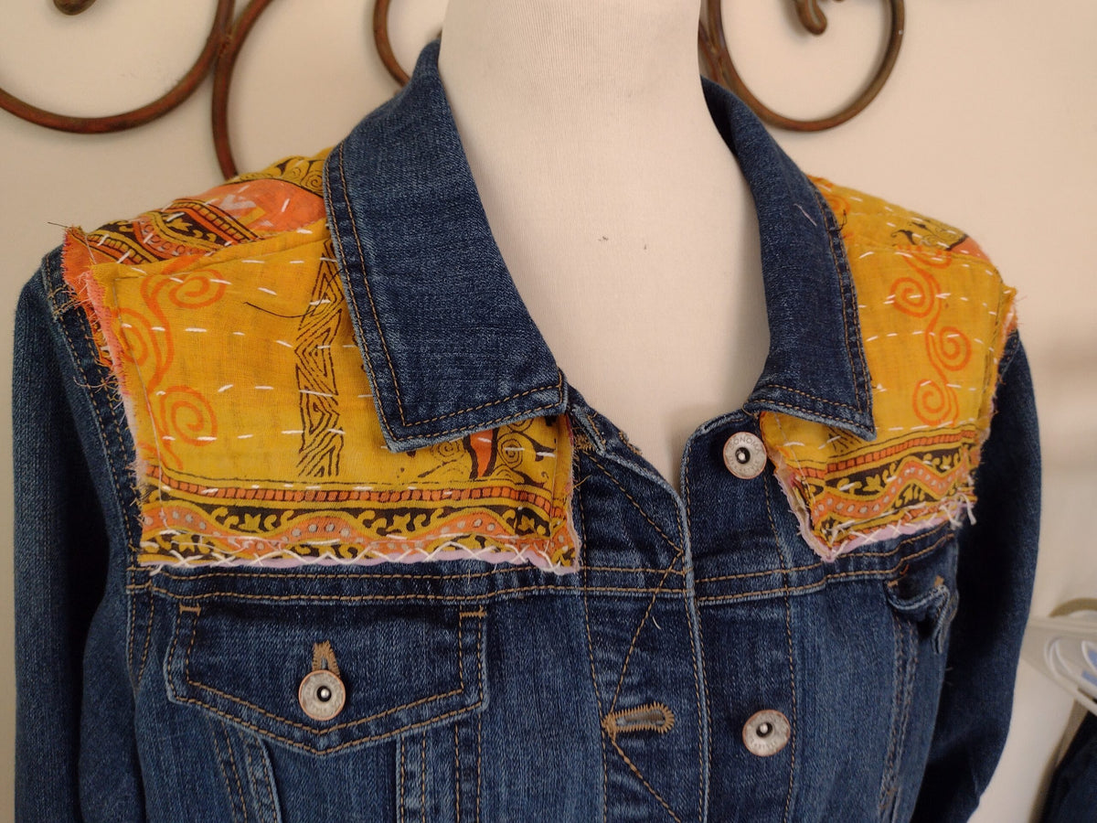 Upcycled Jean Jacket with kantha quilt applique, Peace and Love, Size XL