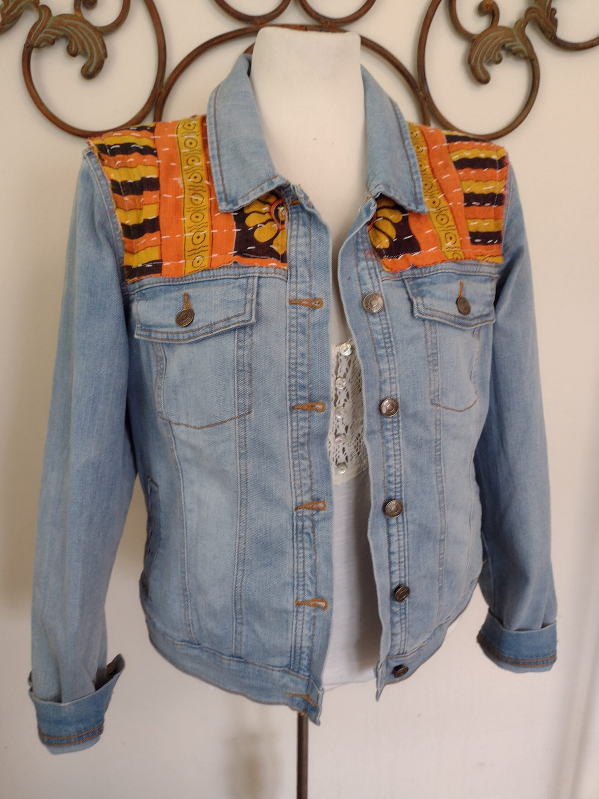 Boho Inspired Jean Jacket with Kantha Quilt Panels