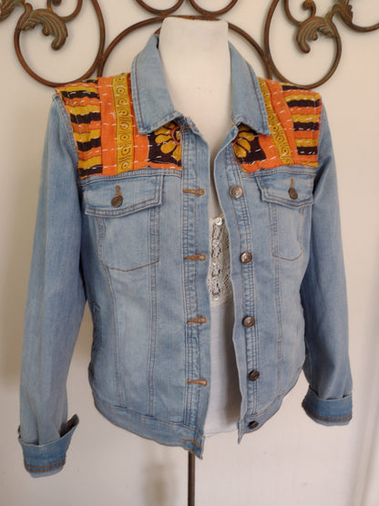 Boho Inspired Jean Jacket with Kantha Quilt Panels