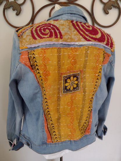 Boho Inspired Jean Jacket with Kantha Quilt Panels
