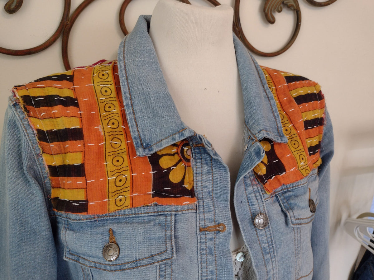 Boho Inspired Jean Jacket with Kantha Quilt Panels