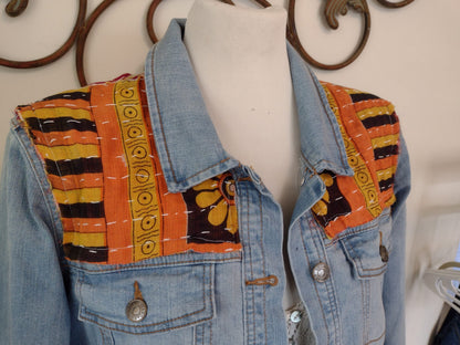 Boho Inspired Jean Jacket with Kantha Quilt Panels