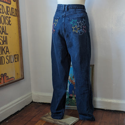 A mannequin wearing a pair of blue jeans.