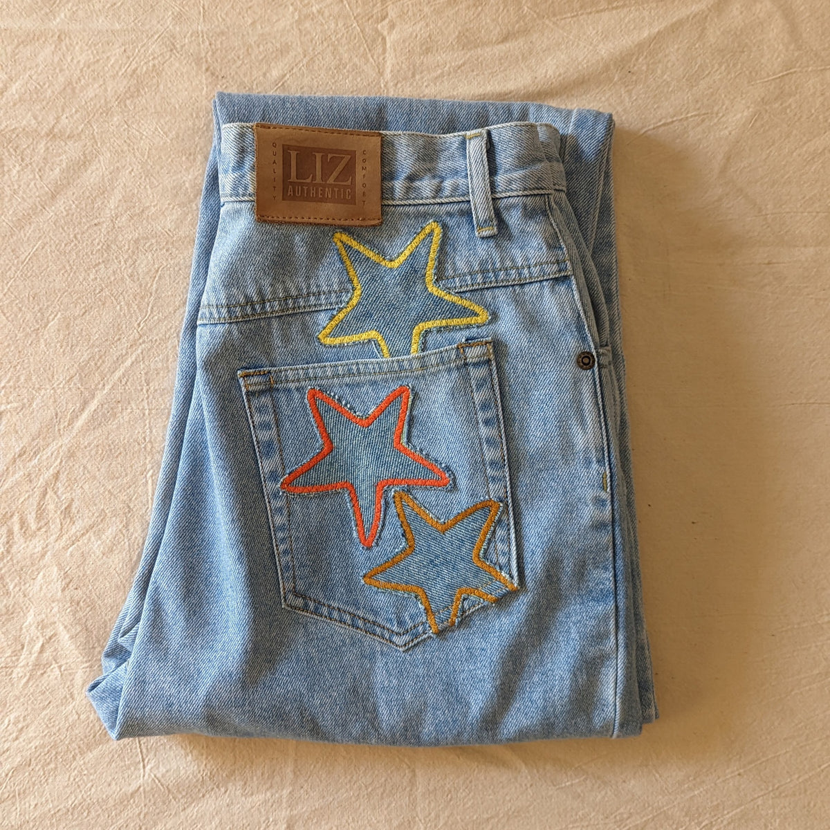 Patchwork Star Vintage Light Wash Mom Jeans by Sensible Slacks