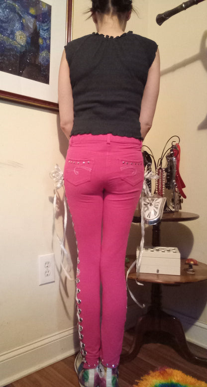 Upcycled Pink Studded Lace Up Pants - 0/28"