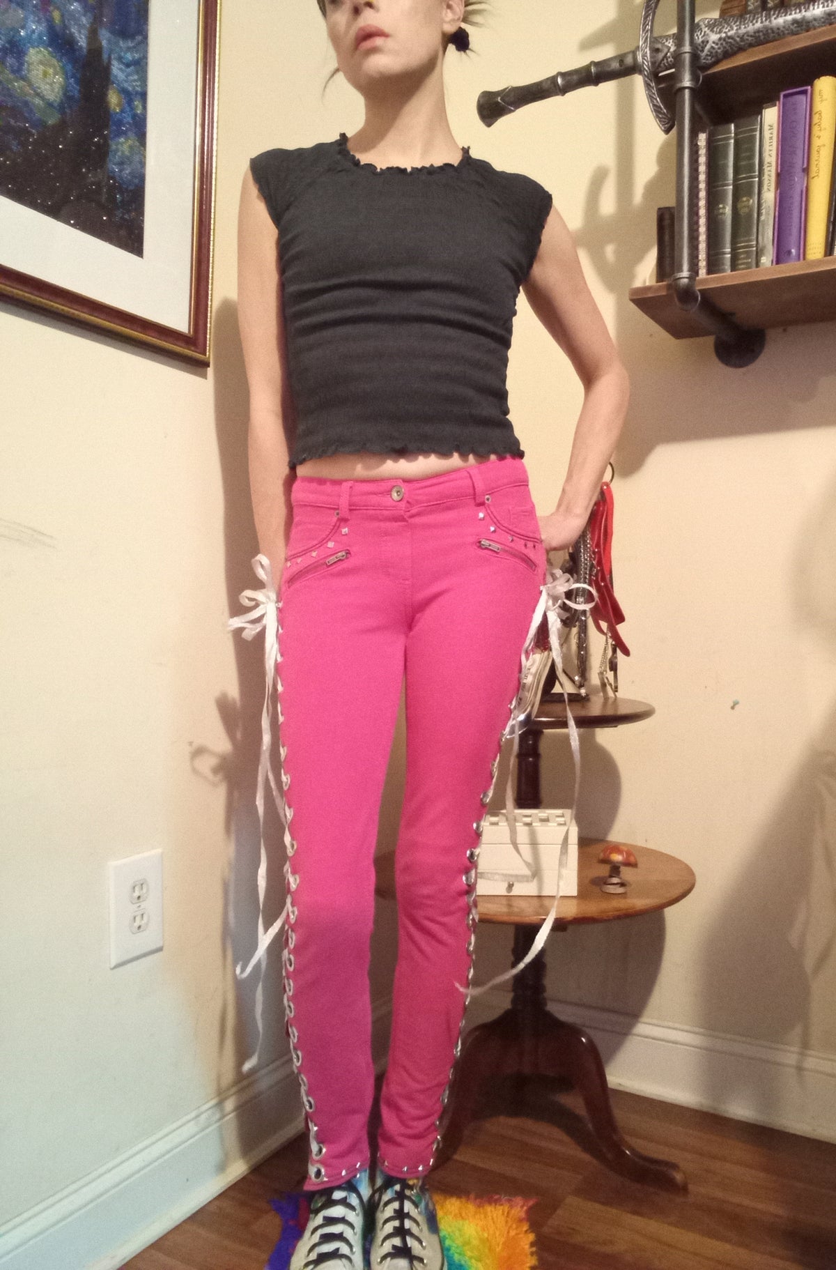 Upcycled Pink Studded Lace Up Pants - 0/28"