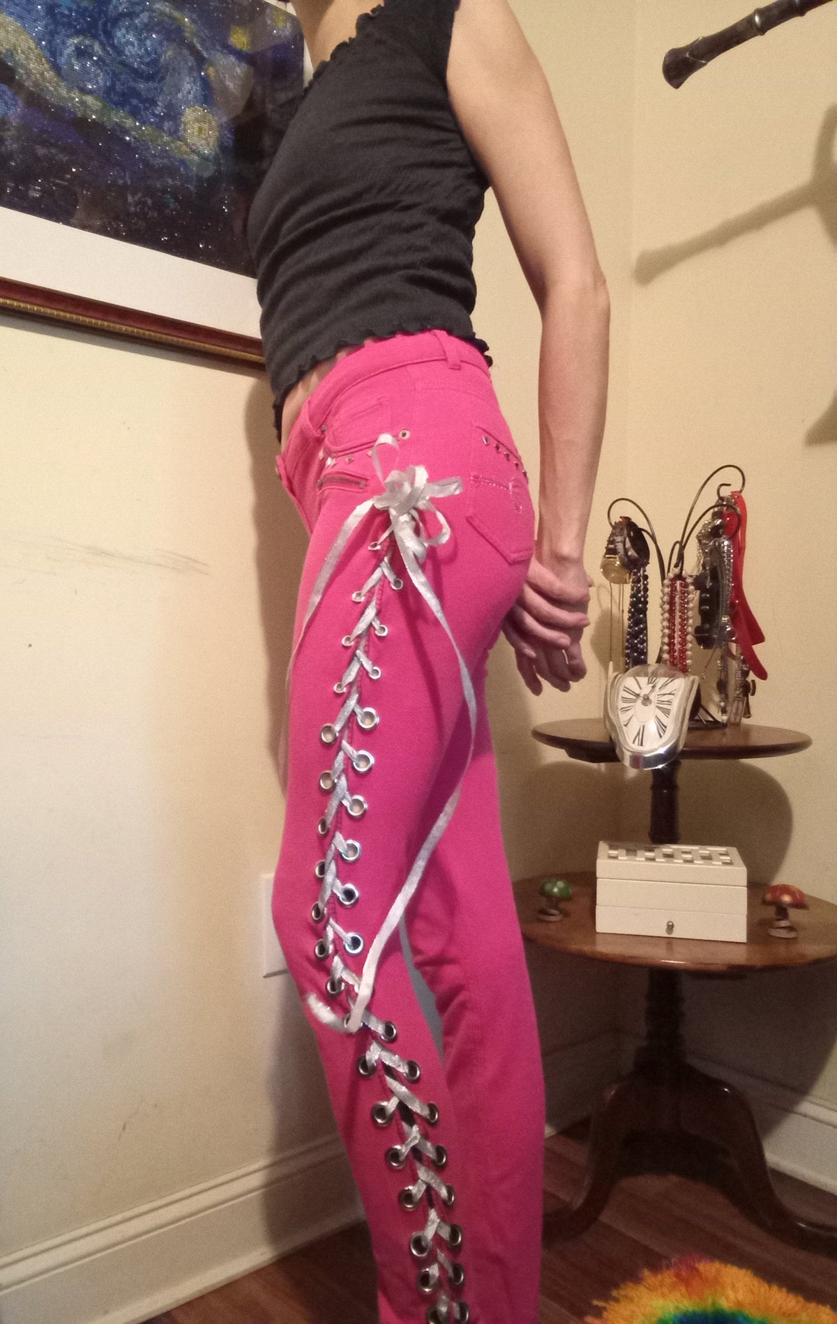 Upcycled Pink Studded Lace Up Pants - 0/28"