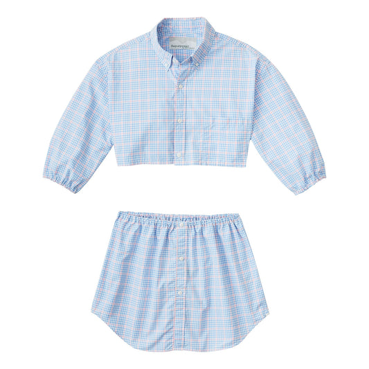 A blue and white plaid shirt and shorts.