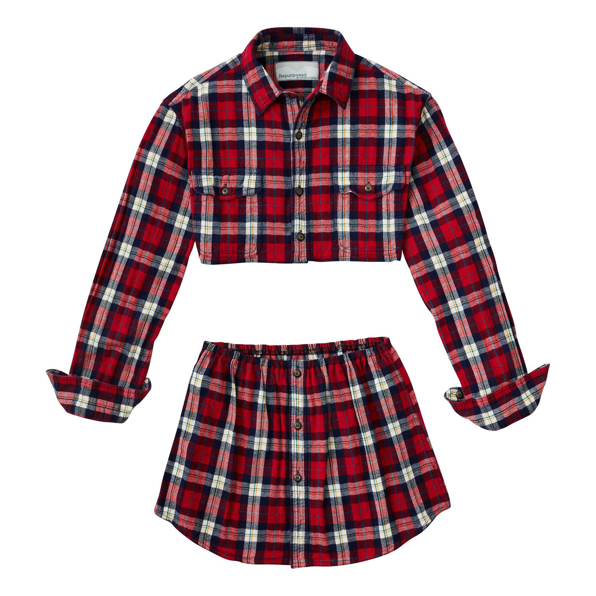 A red and white plaid shirt and skirt set.