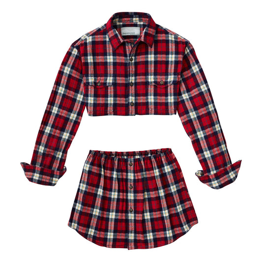 A red and white plaid shirt and skirt set.