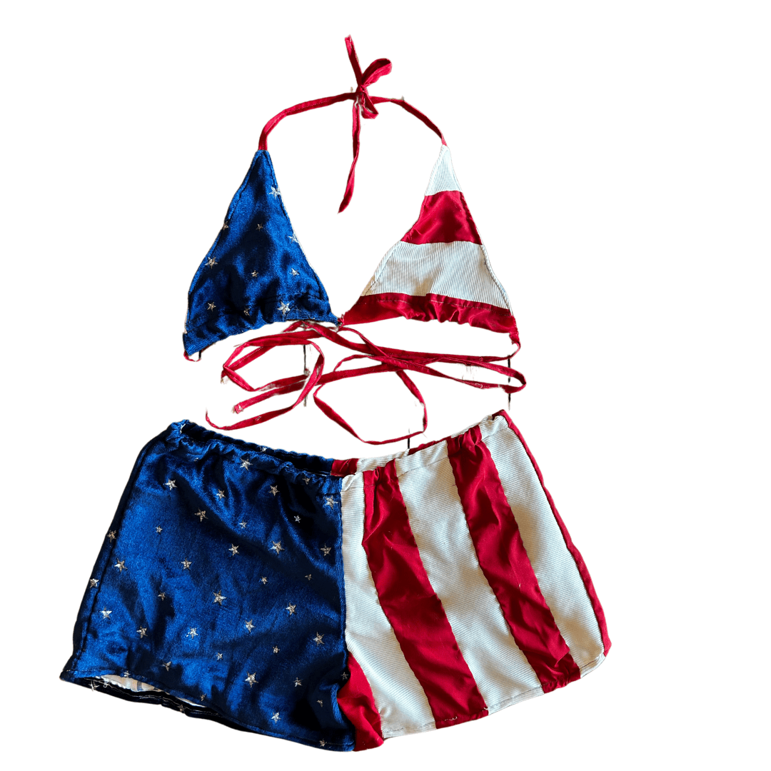 Reworked American Flag Bikini Top + Shorts Set – Upcycled Patriotic Loungewear | One-of-a-Kind | Handmade in Arizona ♻️ Born to Be Bold – Only 1 Available
