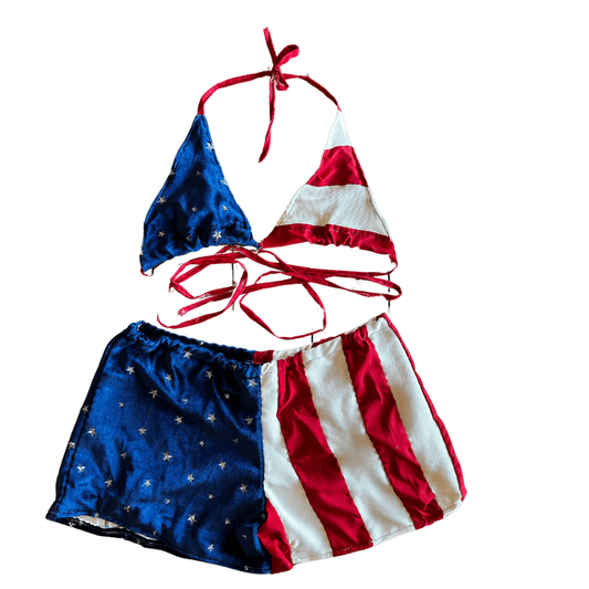 Reworked American Flag Bikini Top + Shorts Set – Upcycled Patriotic Loungewear | One-of-a-Kind | Handmade in Arizona ♻️ Born to Be Bold – Only 1 Available