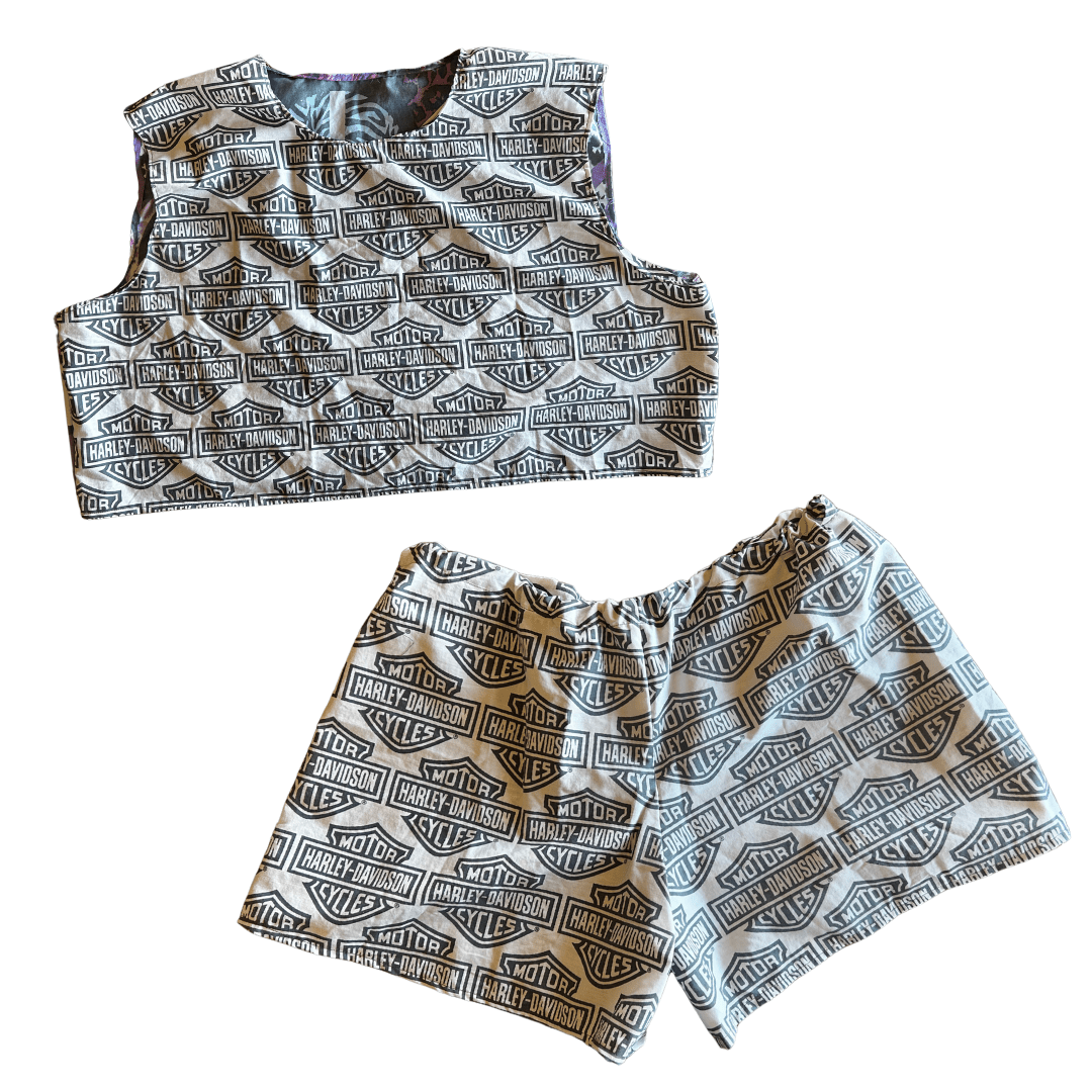 Reworked Harley-Davidson Lounge Set – Upcycled Bed Sheet to Crop Top + Shorts | One-of-a-Kind | Handmade in Arizona ♻️ Motorcycle Babe Energy – Only 1 Available