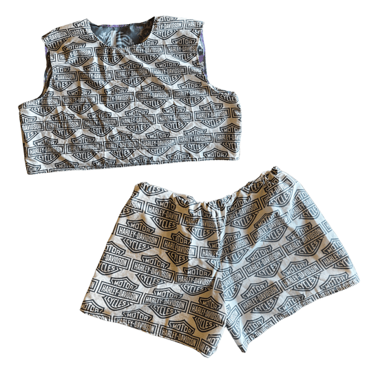 Reworked Harley-Davidson Lounge Set – Upcycled Bed Sheet to Crop Top + Shorts | One-of-a-Kind | Handmade in Arizona ♻️ Motorcycle Babe Energy – Only 1 Available