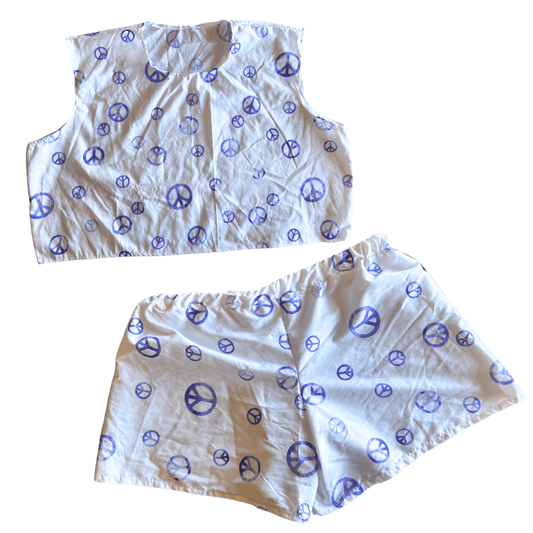 Reworked Peace Sign Lounge Set – Upcycled Bedsheet Crop Top + Shorts | One-of-a-Kind | Handmade in Arizona ☮️ Lazy Day Vibes, Earth-Loving Style – Only 1 Available