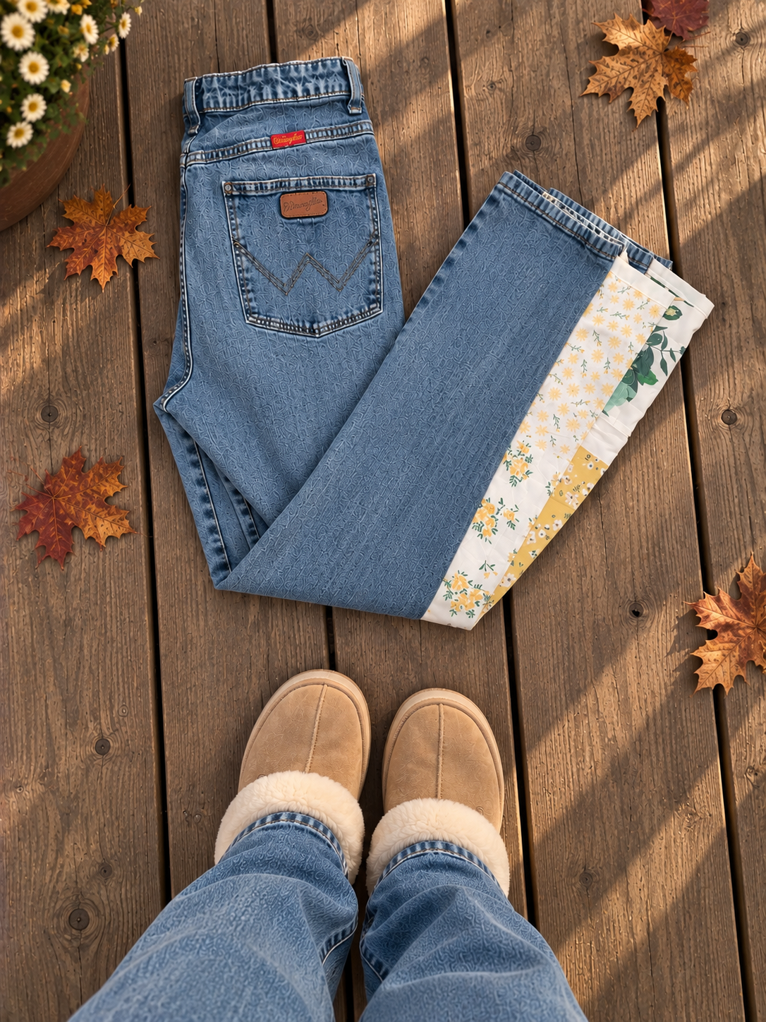 Upcycled Wrangler Floral Quilt Panel Jeans by Kristin Kale