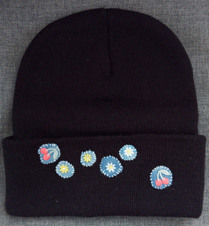 Denim Cherry Flowers Embroidered Beanie by Rehab Threads