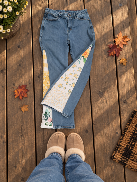 Upcycled Wrangler Floral Quilt Panel Jeans by Kristin Kale, photo 2
