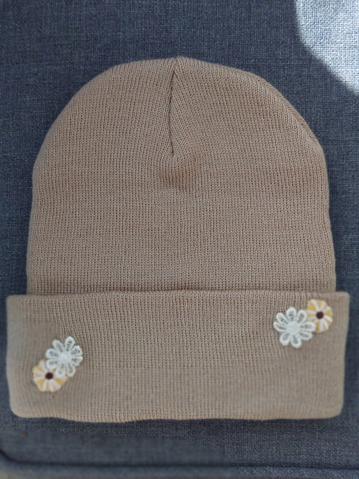 Laced Flowers Tan Custom Embroidered Beanie by Rehab Threads