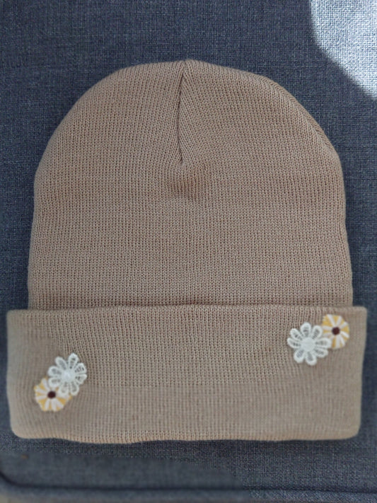 Laced Flowers Tan Custom Embroidered Beanie by Rehab Threads