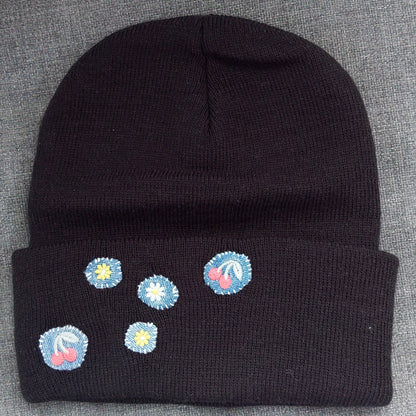 Denim Cherry Flowers Embroidered Beanie by Rehab Threads, photo 2