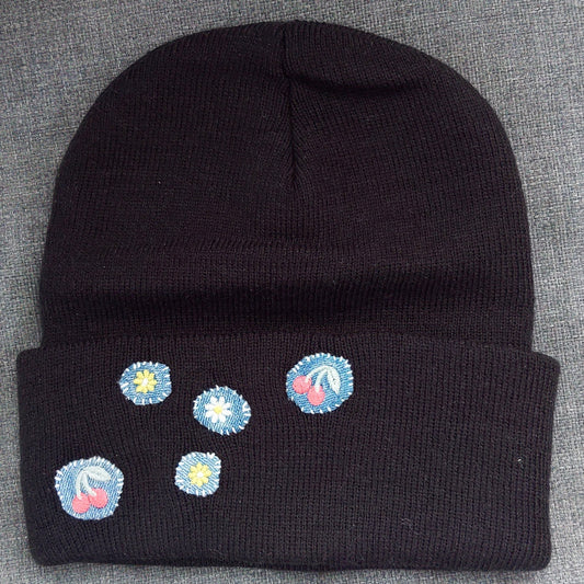 Denim Cherry Flowers Embroidered Beanie by Rehab Threads, photo 2