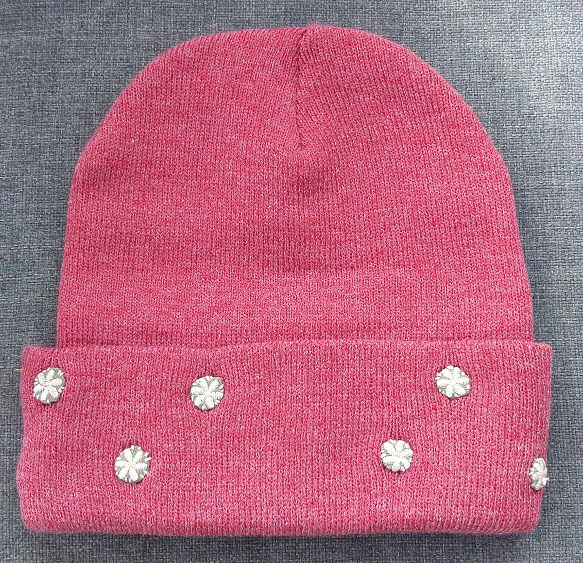 Flowered Red Knit Custom Embroidered Beanie by Rehab Threads