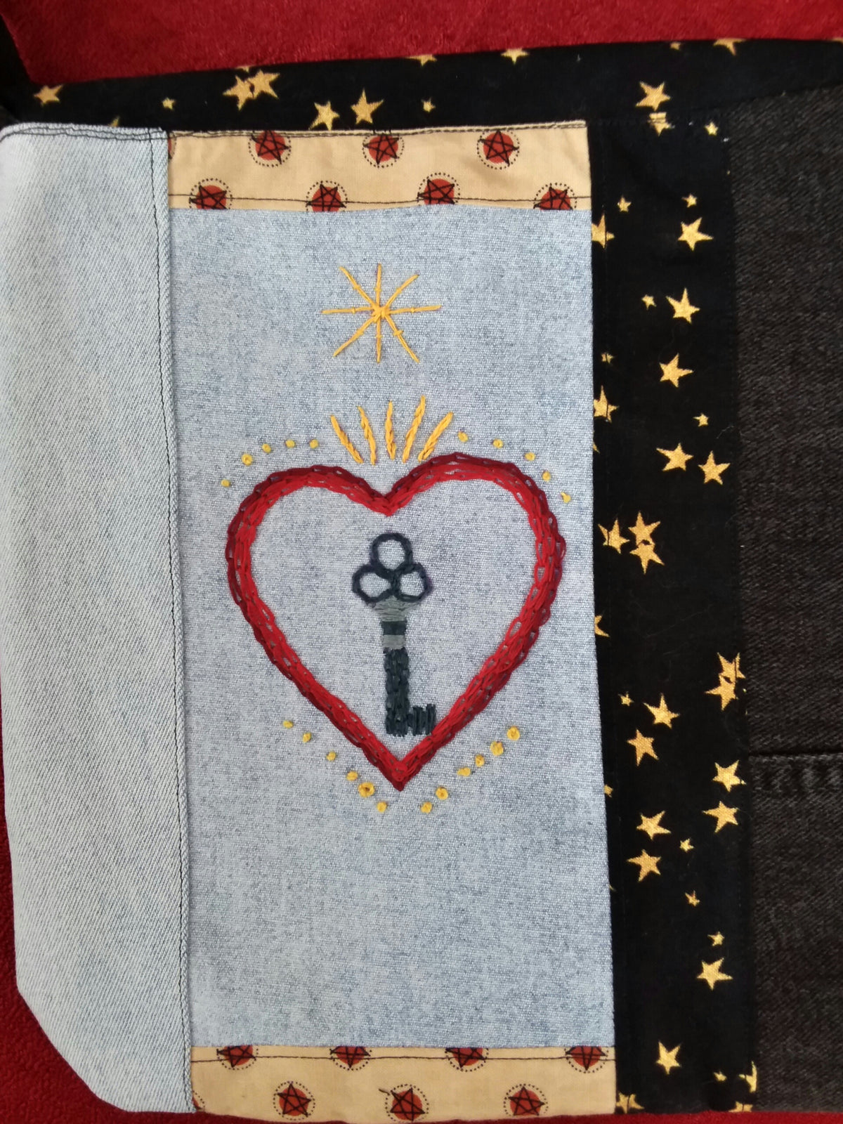 Hand emboidered sacred heart and vintage key design by artist Kristin of Magic Threads Studio
